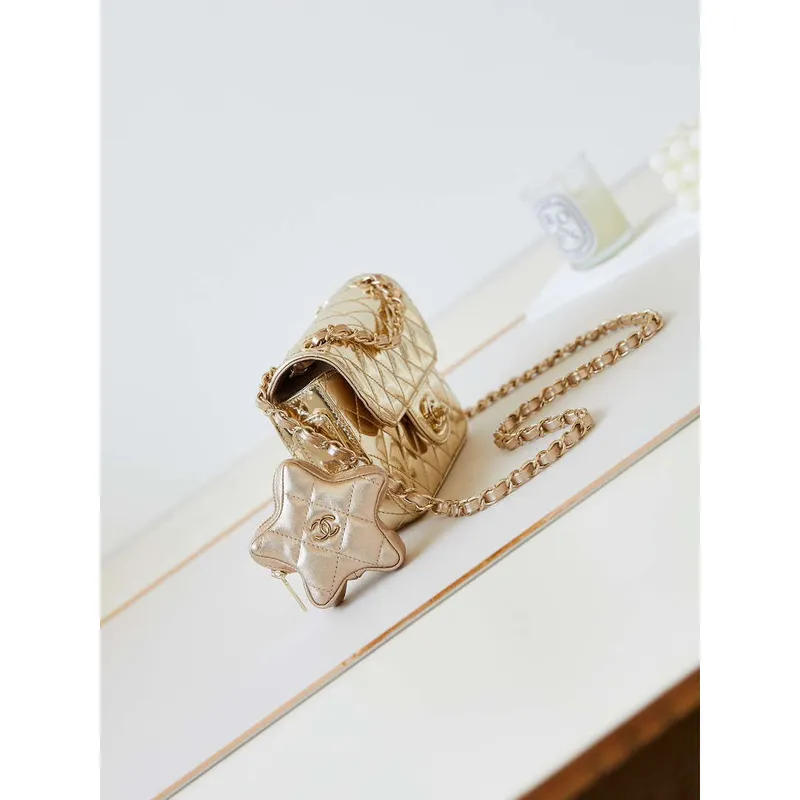 Chanel AS4646 MINI FLAP BAG & STAR COIN PURSE Mirror Calfskin  Metallic Calfskin & Gold Tone Metal Gold