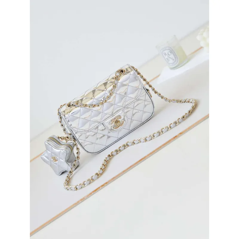Chanel AS4646 MINI FLAP BAG & STAR COIN PURSE Mirror Calfskin  Metallic Calfskin & Gold Tone Metal Silver