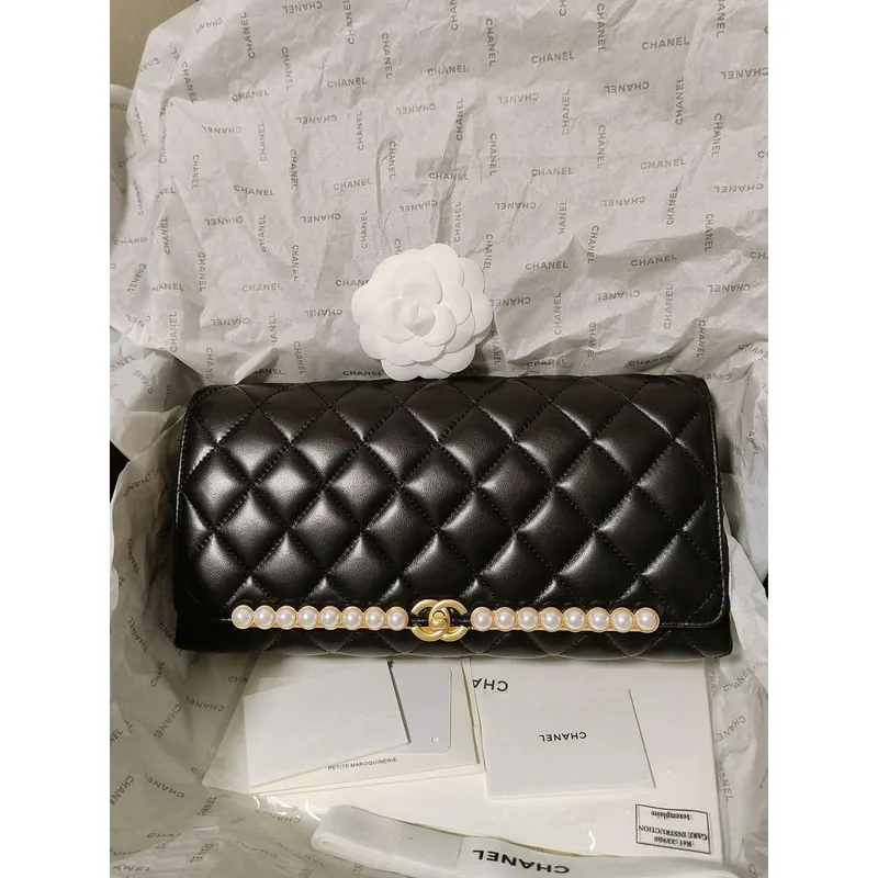 Chanel AS4455 CLUTCH Lambskin Imitation Pearls & Gold Metal Black