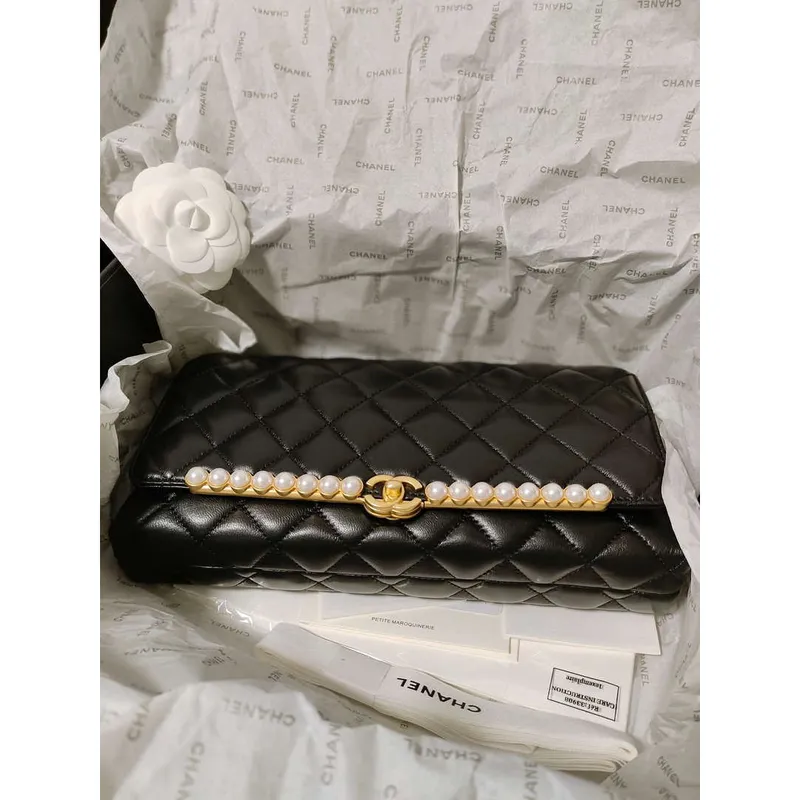 Chanel AS4455 CLUTCH Lambskin Imitation Pearls & Gold Metal Black