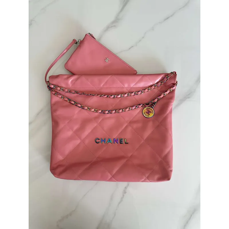 Chanel 22 Handbag Shiny Pink Calfskin AS3261 with Symphony Hardware