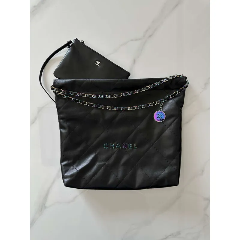 Chanel 22 Handbag Shiny Black Calfskin AS3261 with Symphony Hardware