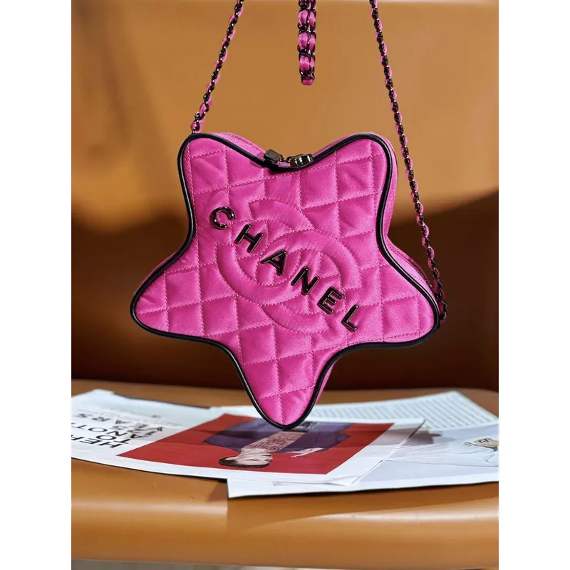 Chanel AS4579 Star Handbag Satin & Black tone metal Rose Pink