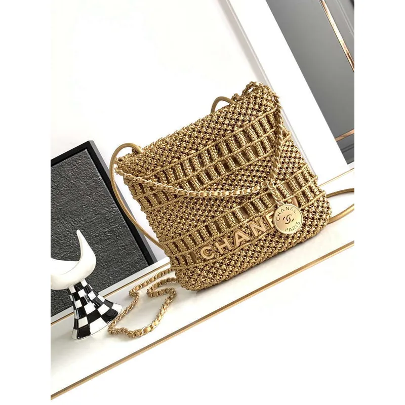 Chanel 22 AS3980 Mini Handbag Calfskin knotted lace gold tone metal Gold