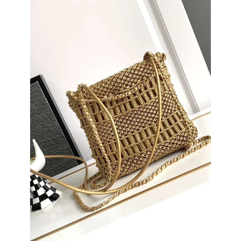 Chanel 22 AS3980 Mini Handbag Calfskin knotted lace gold tone metal Gold