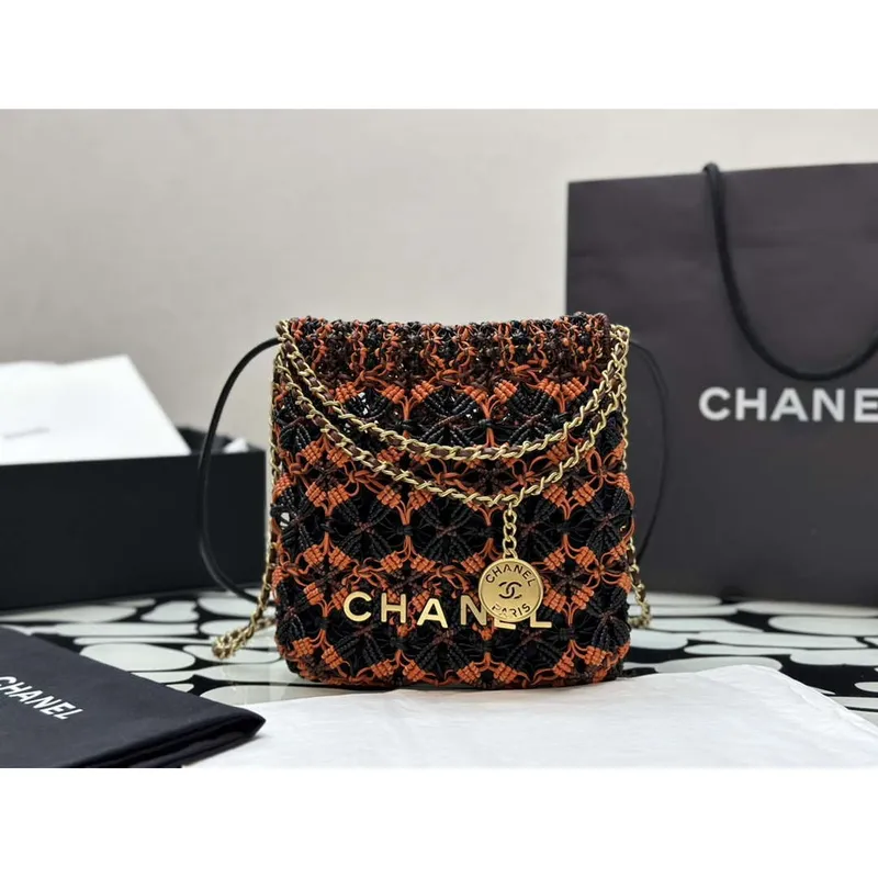 Chanel 22 AS3980 Mini Handbag Calfskin knotted lace and gold tone metal Orange & black