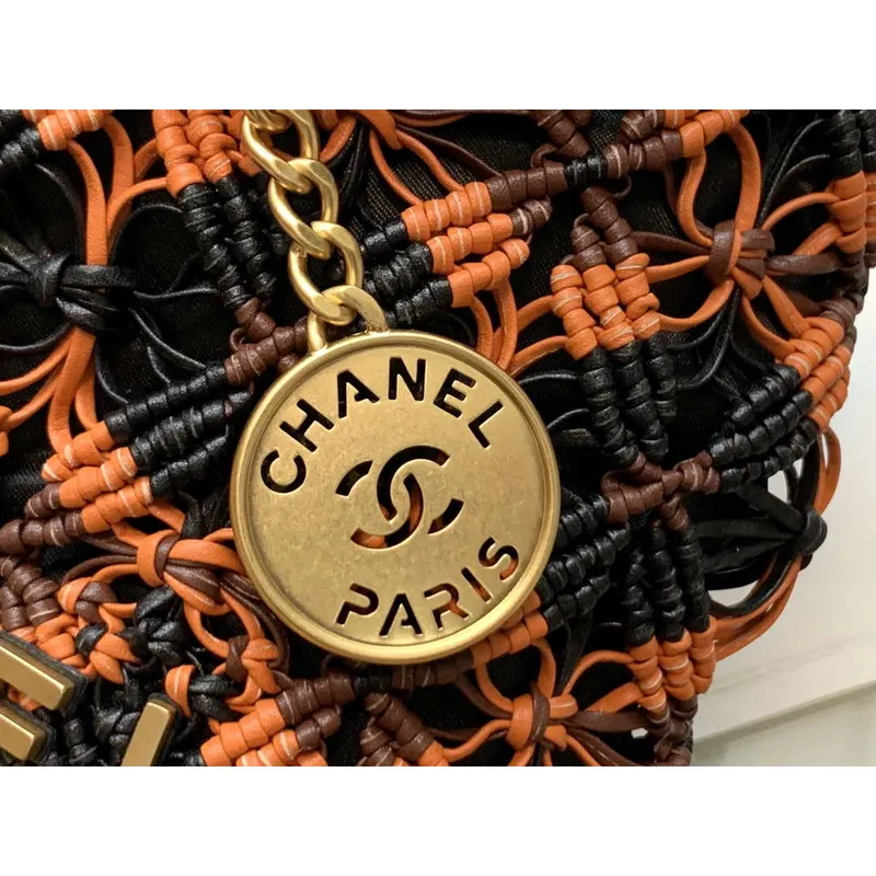 Chanel 22 AS3980 Mini Handbag Calfskin knotted lace and gold tone metal Orange & black