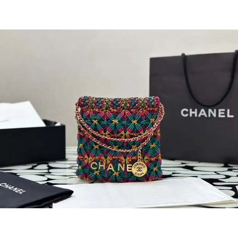 Chanel 22 AS3980 Mini Handbag Calfskin knotted lace and gold tone metal Dark green & pink