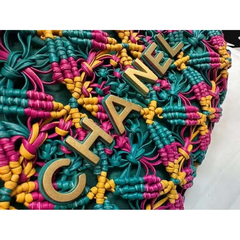Chanel 22 AS3980 Mini Handbag Calfskin knotted lace and gold tone metal Dark green & pink