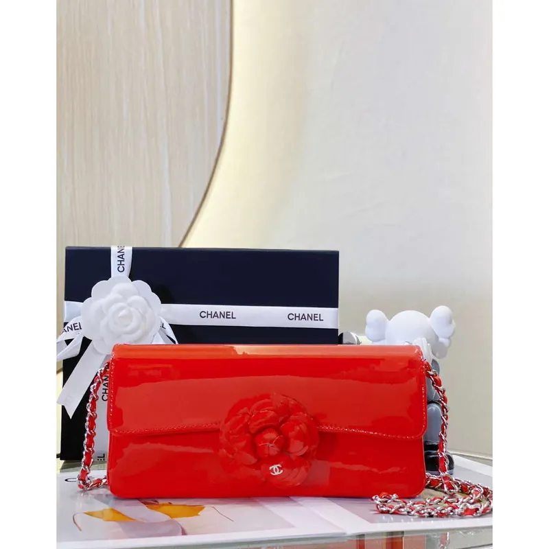 Chanel AS4498 Clutch Flap Bag Patent Calfskin & Gold Metal Red