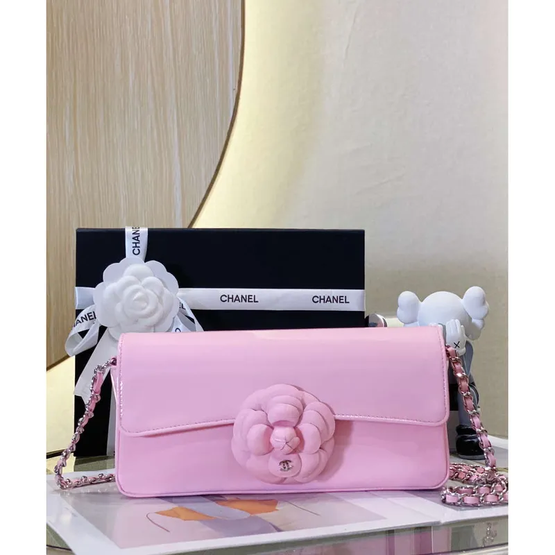 Chanel AS4498 Clutch Flap Bag Patent Calfskin & Gold Metal Pink