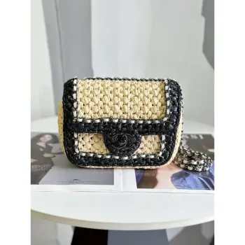 Chanel AS1115 Small Flap bag Raffia 18cm Beige & Black