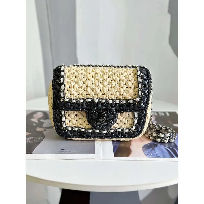 Chanel AS1115 Small Flap bag Raffia 18cm Beige & Black