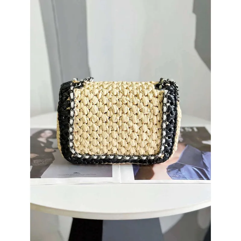 Chanel AS1115 Small Flap bag Raffia 18cm Beige & Black