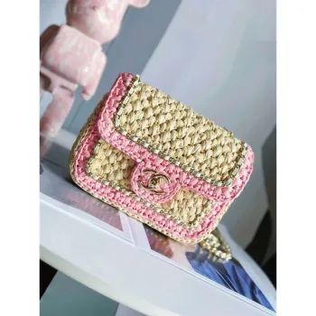 Chanel AS1115 Small Flap bag Raffia 18cm Beige & Pink