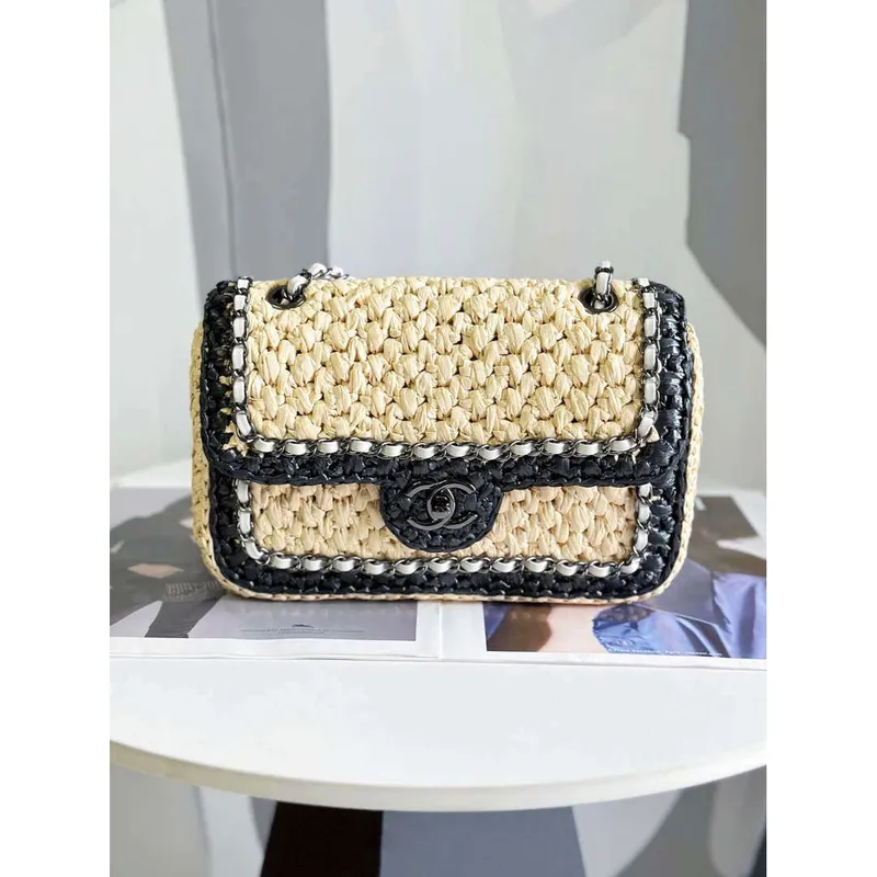 Chanel AS1116 Small Flap bag Raffia A69900 Beige & Black