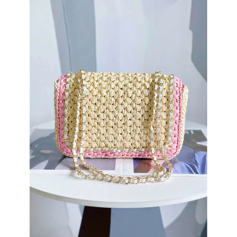 Chanel AS1116 Small Flap bag Raffia A69900 Beige & Pink