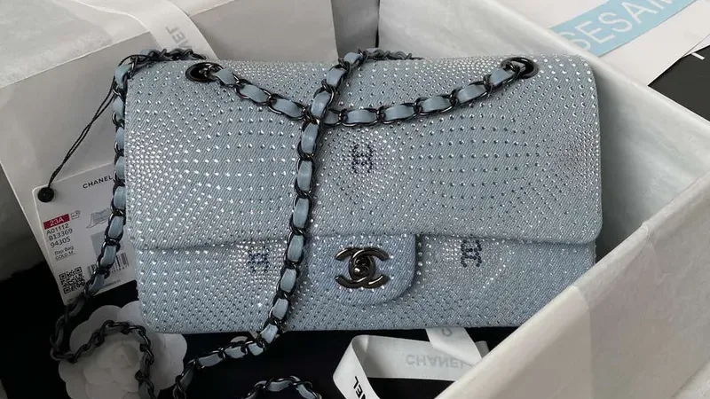 Chanel A01112 Velvet Crystal Pearl Blue Classic Flap Handbag — Timeless Luxury for Spring-Summer 2024