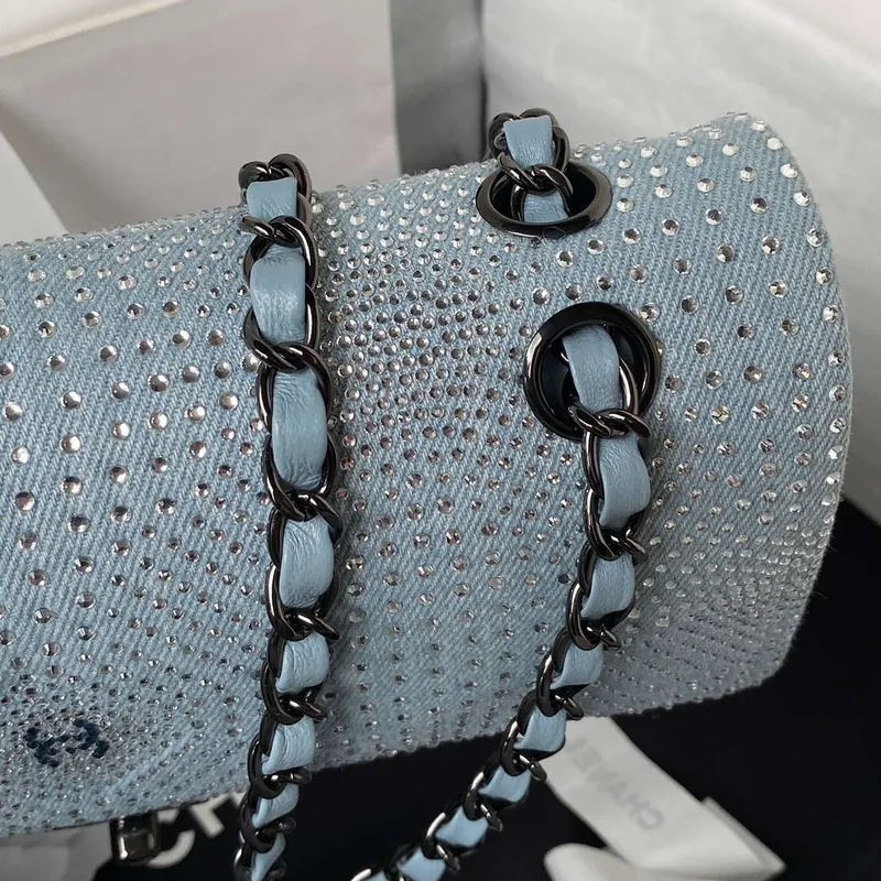 Chanel A01112 Flap Classic Handbag Velvet Crystal pearl Blue