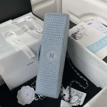 Chanel A01112 Flap Classic Handbag Velvet Crystal pearl Blue