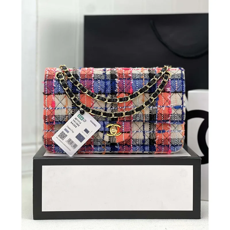 Chanel A01112 Flap Classic Handbag Woolen & Gold Tone Metal Pink & Blue