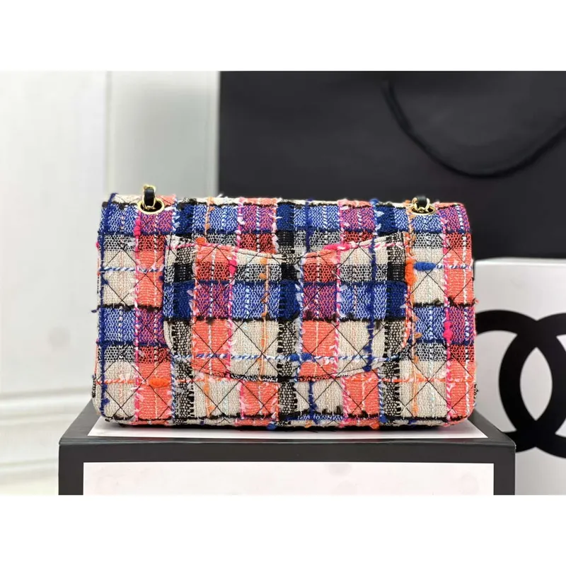 Chanel A01112 Flap Classic Handbag Woolen & Gold Tone Metal Pink & Blue