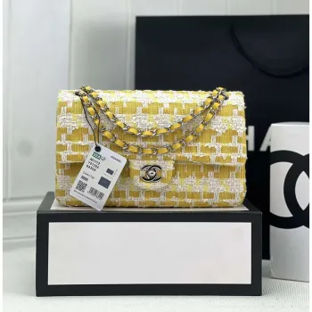 Chanel A01112 Flap Classic Handbag Woolen & Silver Tone Metal Yellow