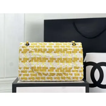 Chanel A01112 Flap Classic Handbag Woolen & Silver Tone Metal Yellow
