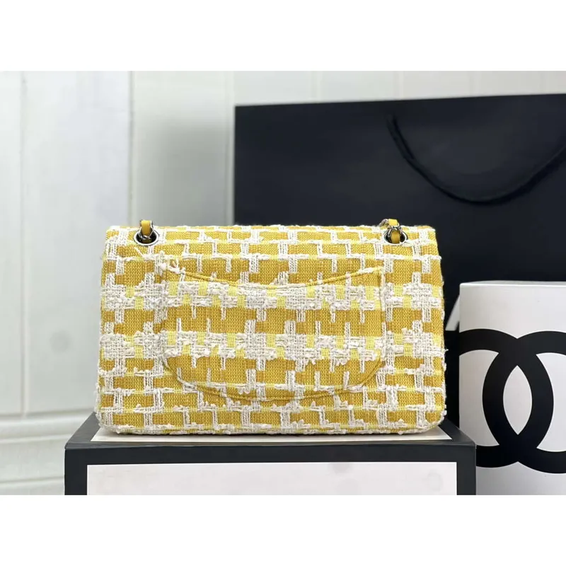Chanel A01112 Flap Classic Handbag Woolen & Silver Tone Metal Yellow