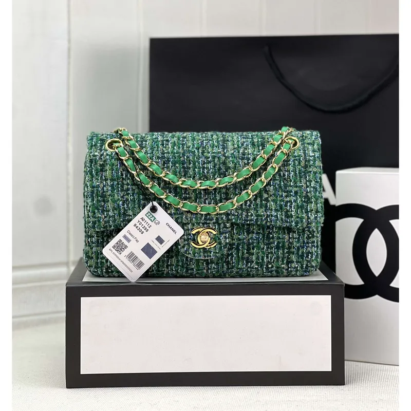 Chanel A01112 Flap Classic Handbag Woolen & Gold Tone Metal Green