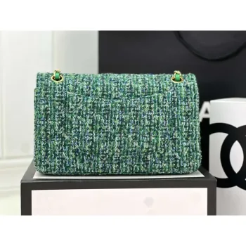 Chanel A01112 Flap Classic Handbag Woolen & Gold Tone Metal Green