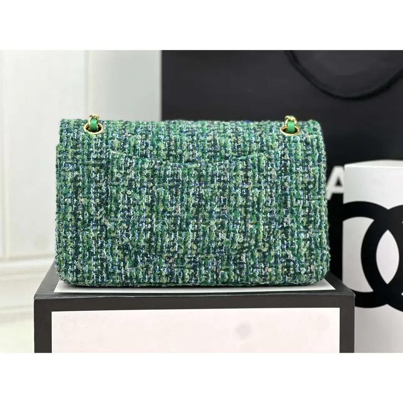 Chanel A01112 Flap Classic Handbag Woolen & Gold Tone Metal Green
