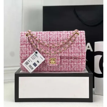 Chanel A01112 Flap Classic Handbag Woolen & Gold Tone Metal Pink