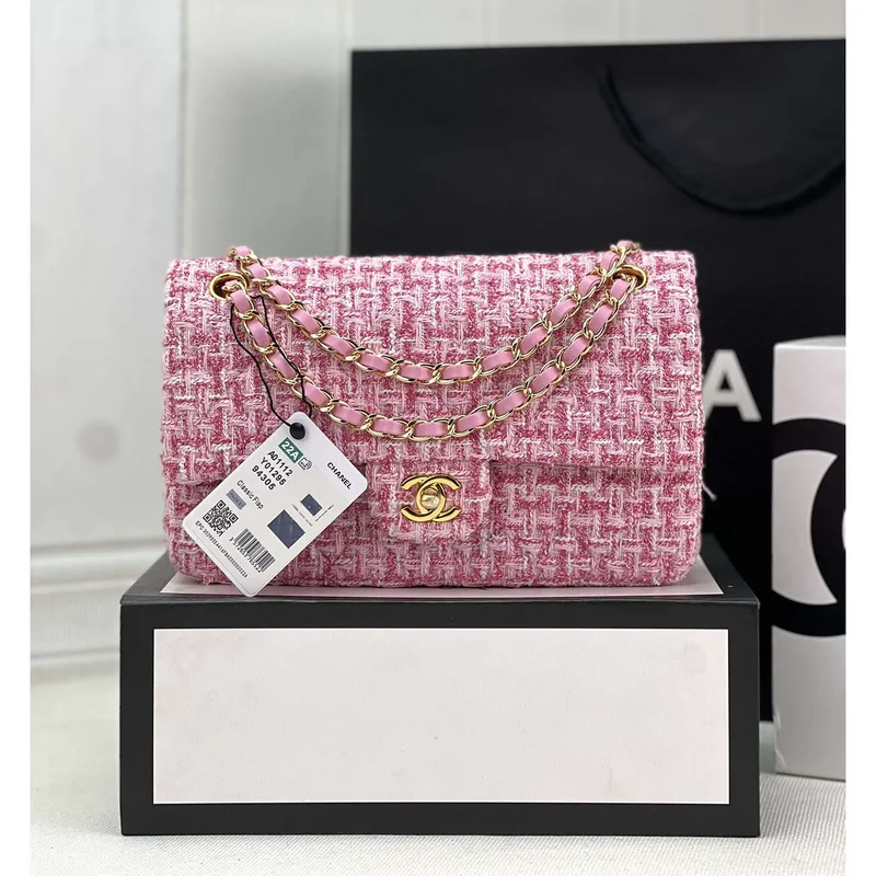 Chanel A01112 Flap Classic Handbag Woolen & Gold Tone Metal Pink