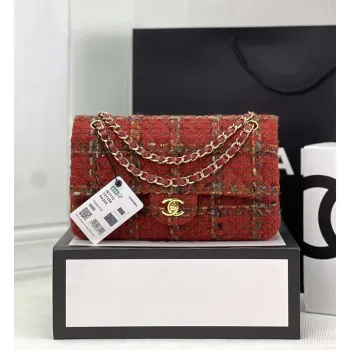 Chanel A01112 Flap Classic Handbag Woolen & Gold Tone Metal Red