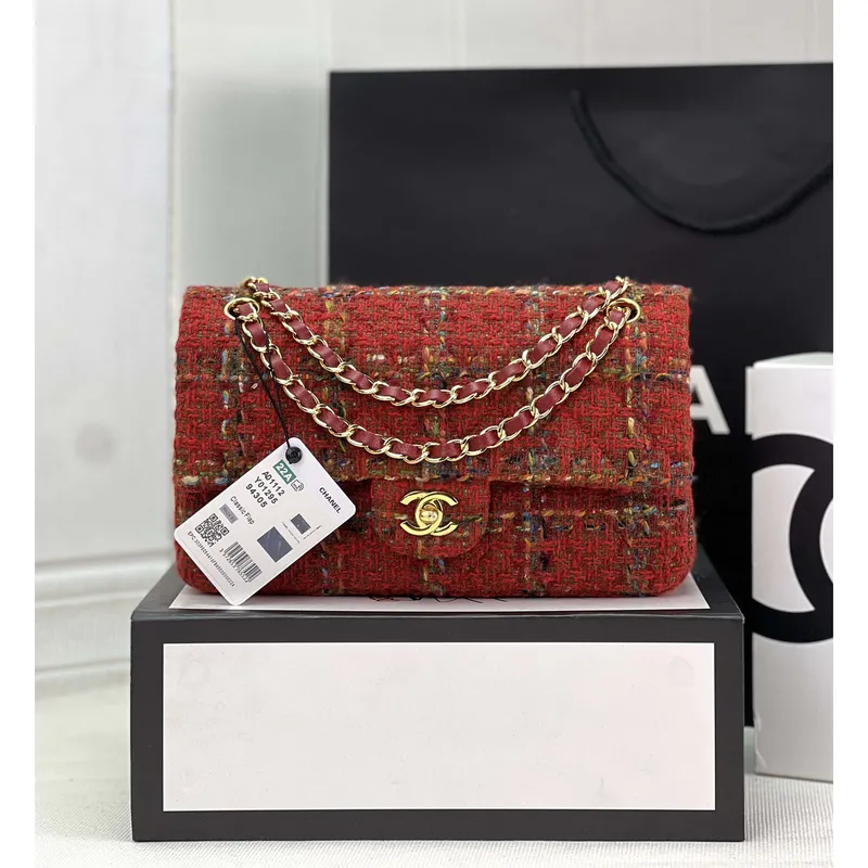 Chanel A01112 Flap Classic Handbag Woolen & Gold Tone Metal Red