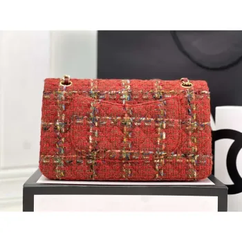 Chanel A01112 Flap Classic Handbag Woolen & Gold Tone Metal Red