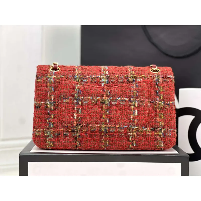 Chanel A01112 Flap Classic Handbag Woolen & Gold Tone Metal Red