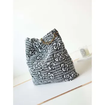 Chanel 22 Handbag Shiny AS3261 White & Black Velvet Gold