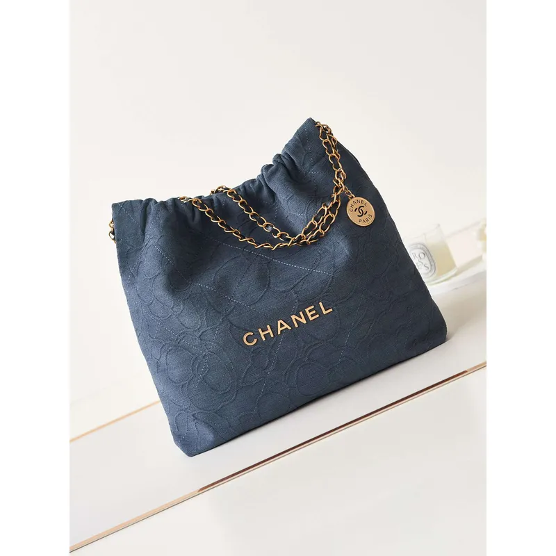 Chanel 22 Handbag Shiny AS3261 Navy Blue Velvet Gold
