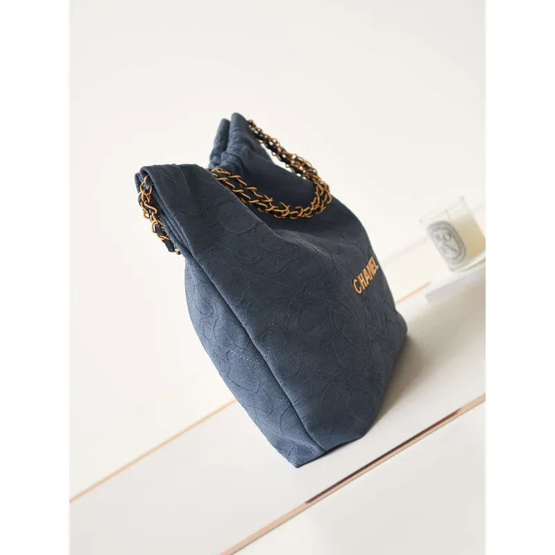 Chanel 22 Handbag Shiny AS3261 Navy Blue Velvet Gold
