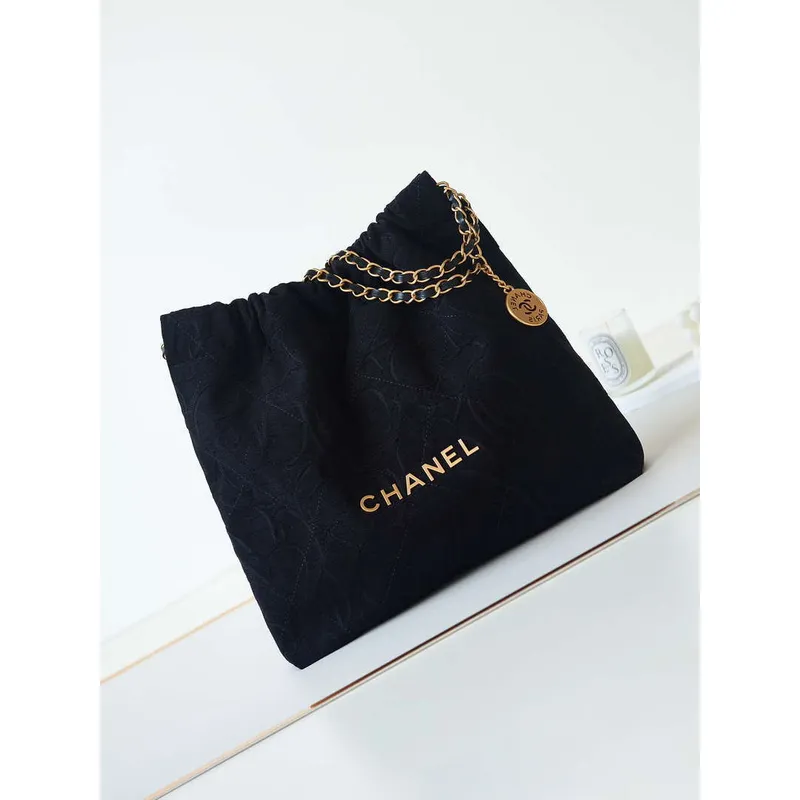 Chanel 22 Handbag Shiny AS3261 Black Velvet Gold