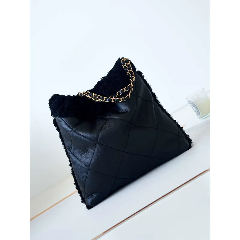 Chanel 22 AS3260 Small Handbag Black Calfskin wiht Black wool Gold