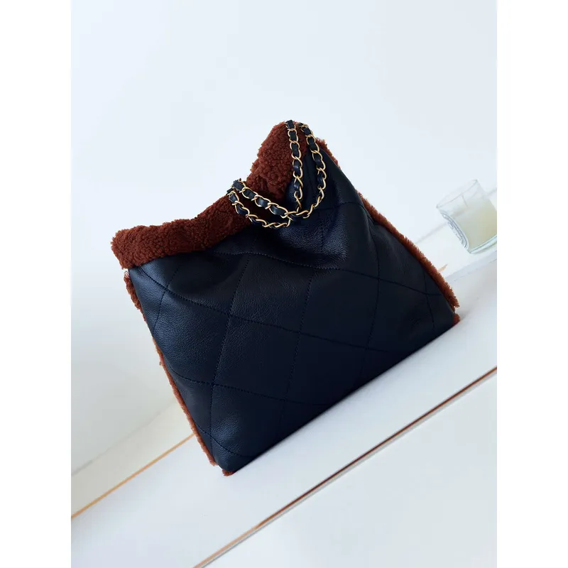 Chanel 22 AS3260 Small Handbag Black Calfskin wiht Brown wool Gold