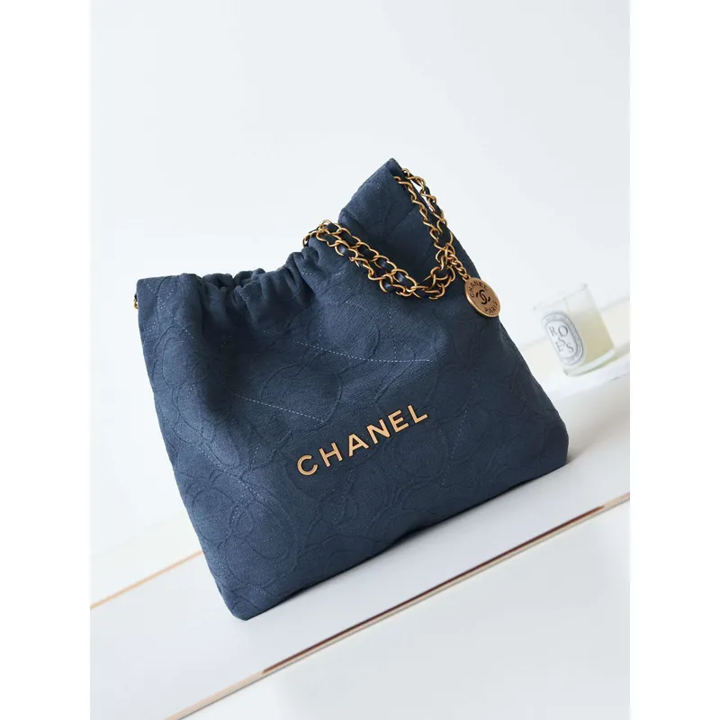 Chanel 22 AS3260 Small Handbag Velvet Navy Blue Gold