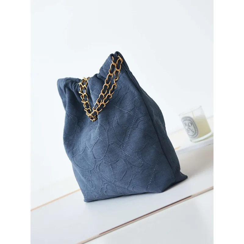 Chanel 22 AS3260 Small Handbag Velvet Navy Blue Gold