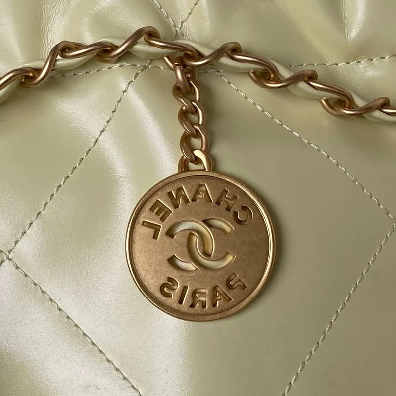 Chanel 22 Bag AS4486 Handbag Shiny Calfskin Yellow With Gold