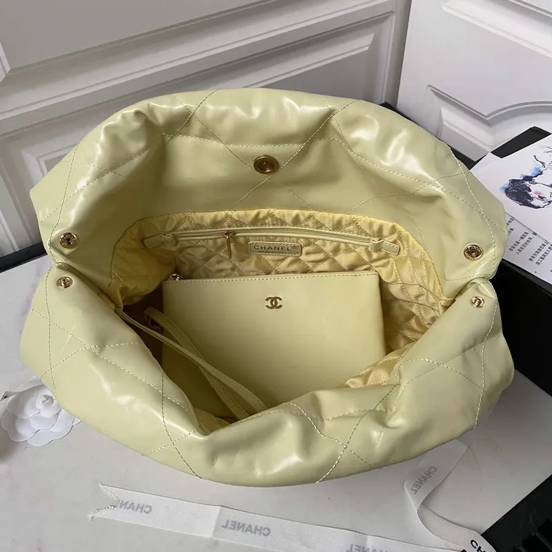 Chanel 22 Bag AS4486 Handbag Shiny Calfskin Yellow With Gold