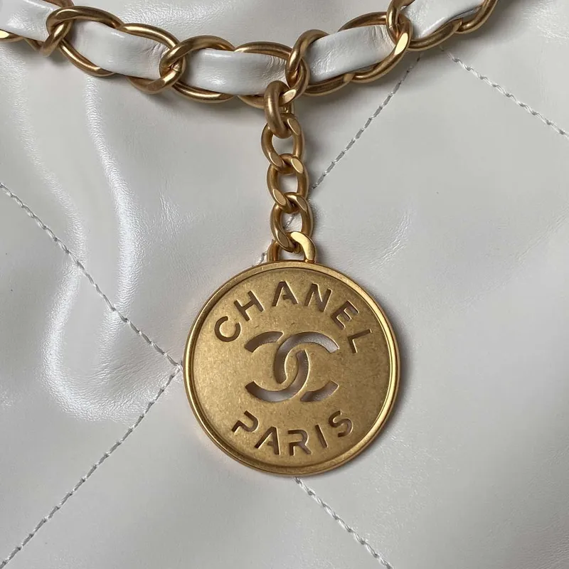Chanel 22 Bag AS4486 Handbag Shiny Calfskin White With Gold