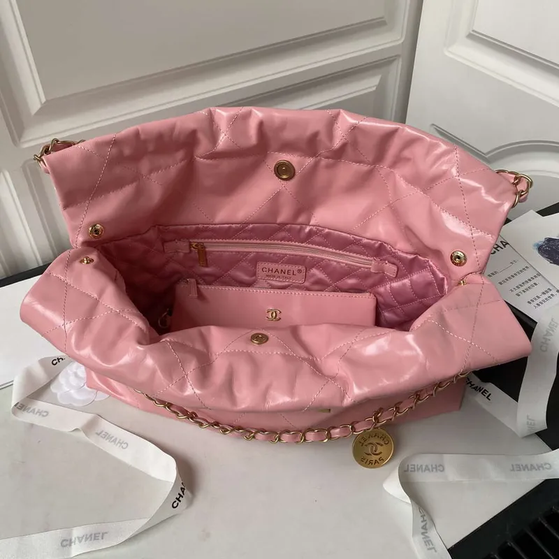 Chanel 22 Bag AS4486 Handbag Shiny Calfskin Pink With Gold